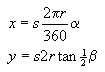 x=s*alpha*2*pi*r/360; y=2*s*r*tan(beta/2);